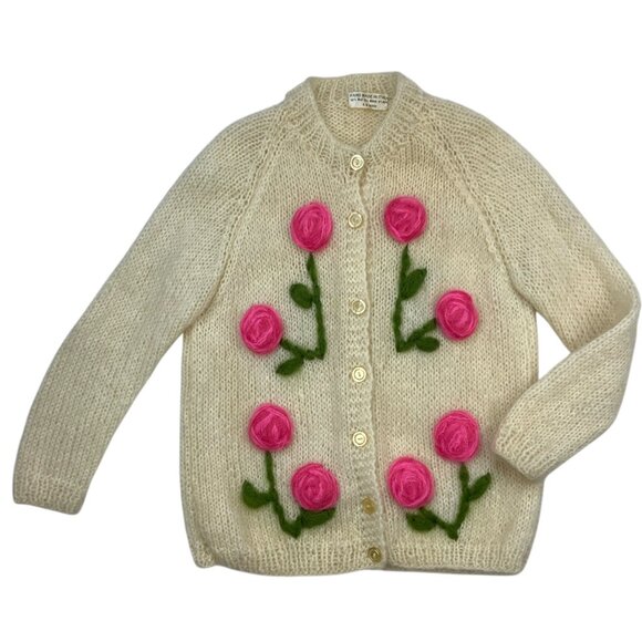 Vintage Wool Mohair Cardigan Sweater S Cream Floral Italy - Picture 14 of 14